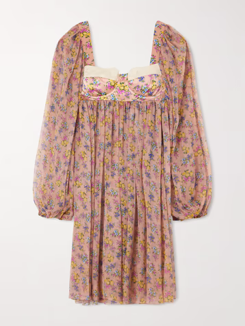 Lace-trimmed floral-print silk-blend satin and chiffon mini dress