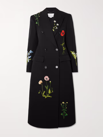 Double-breasted embroidered wool-twill coat