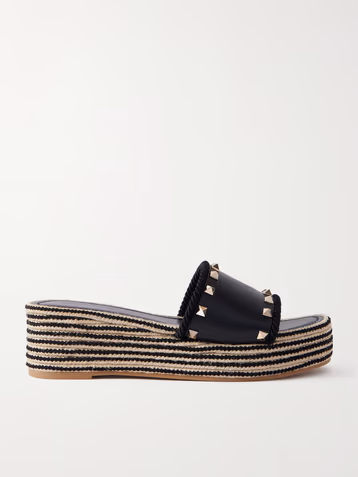 Rockstud leather platform espadrille slides