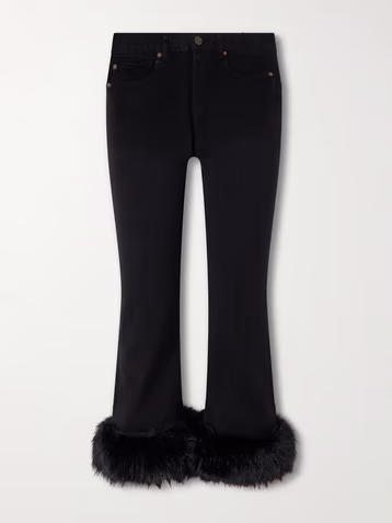 Plush-trimmed cropped mid-rise flared jeans